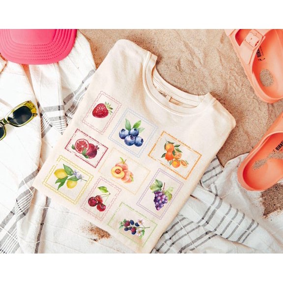 Summer Fruit Stamp Tshirt, Vintage Postage Stamp Shirt, Aesthetic Summer Tee, Farmer's Market Cottage Core Gardening