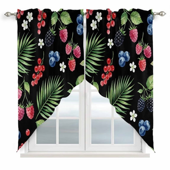 Summer Fruit Swag Curtain Valance for Window 2 Panels Blueberry White Flowers Red Raspberry Green Leaf Black Rod Pocket Small Window Swag Valances for Kitchen Bedroom Bathroom 28" W x 36" L