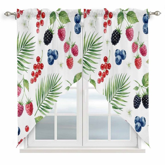 Summer Fruit Swag Curtain Valance for Window 2 Panels Blueberry White Flowers Red Raspberry Green Leaf Rod Pocket Small Window Swag Valances for Kitchen Bedroom Bathroom 28" W x 36" L