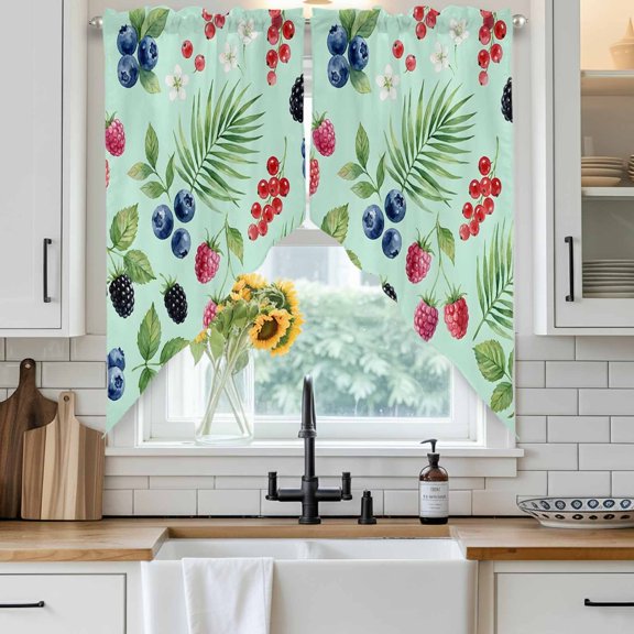 Summer Fruit Swag Curtain Valance for Windows, Blueberry White Flowers Green Leaf Red Raspberry Window Treatments Short Swag Topper for Kitchen Windows Bathroom Bedroom, 28"x36"