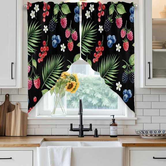 Summer Fruit Swag Curtain Valance for Windows, Blueberry White Flowers Red Raspberry Green Leaf Black Window Treatments Short Swag Topper for Kitchen Windows Bathroom Bedroom, 28"x36"