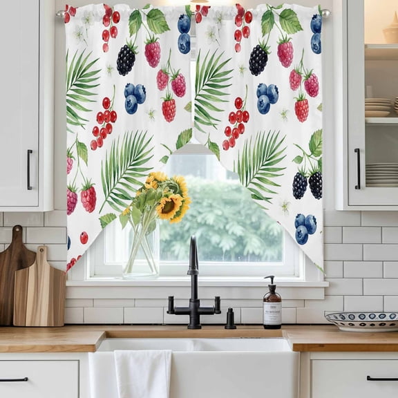 Summer Fruit Swag Curtain Valance for Windows, Blueberry White Flowers Red Raspberry Green Leaf Window Treatments Short Swag Topper for Kitchen Windows Bathroom Bedroom, 28"x36"