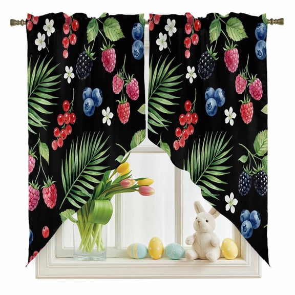 Summer Fruit Swag Kitchen Curtain Valances, Blueberry White Flowers Red Raspberry Green Leaf Black Rod Pocket Curtains Window Treatment Decor Valances for Bedroom Bathroom, 2 Panels 28 x 36 Inch
