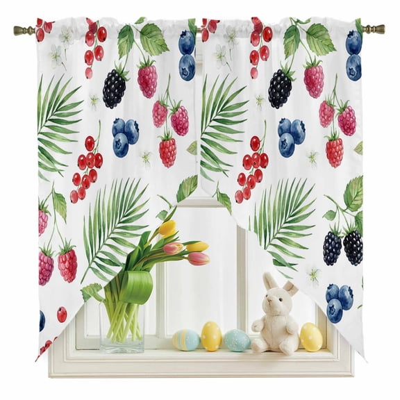 Summer Fruit Swag Kitchen Curtain Valances, Blueberry White Flowers Red Raspberry Green Leaf Rod Pocket Curtains Window Treatment Decor Valances for Bedroom Bathroom, 2 Panels 28 x 36 Inch