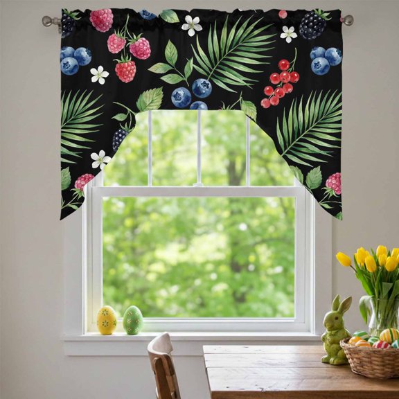 Summer Fruit Swag Valances for Kitchen Window, Blueberry White Flowers Red Raspberry Green Leaf Black Small Swag Valances Rod Pocket Curtain Drapes Window Treatment for Bedroom Bathroom, 56x36 Inch