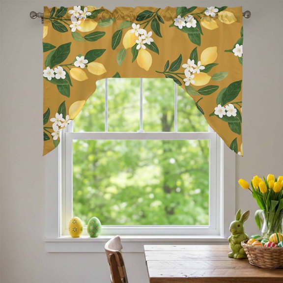 Summer Fruit Swag Valances for Kitchen Window, Watercolor Yellow Lemon Rustic Flower Dark Yellow Small Swag Valances Rod Pocket Curtain Drapes Window Treatment for Bedroom Bathroom, 56x36 Inch