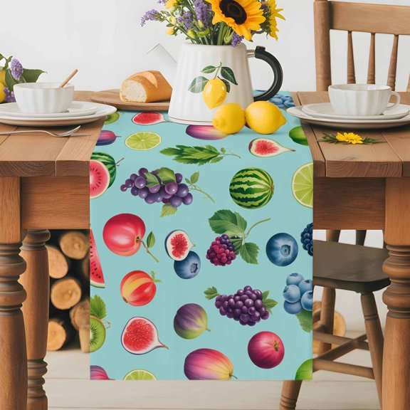 Summer Fruit Table Runner 13x36 Inch Watercolor Lemon Slice Blueberry Rustic Watermelon Cotton Linen Dining Table Runner Ideal for Dresser Kitchen Coffee Tables - Machine Washable