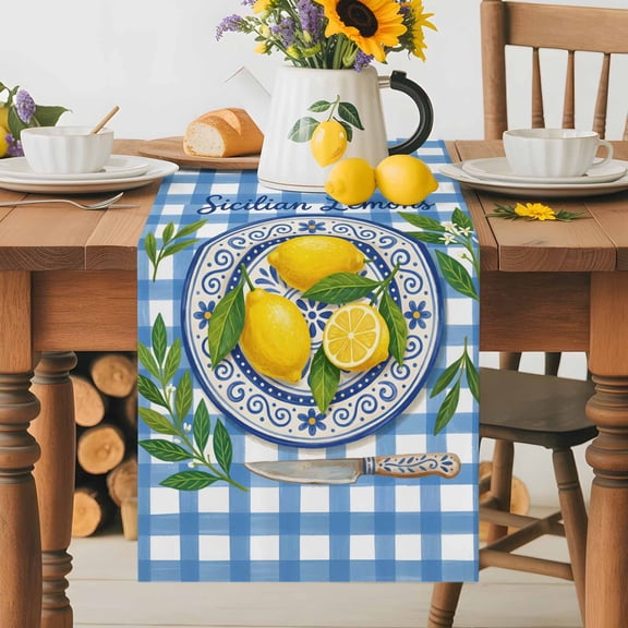 Summer Fruit Table Runner 13x36 Inch Watercolor Yellow Lemon Rustic Flower Plate Blue Plaid Cotton Linen Dining Table Runner Ideal for Dresser Kitchen Coffee Tables - Machine Washable