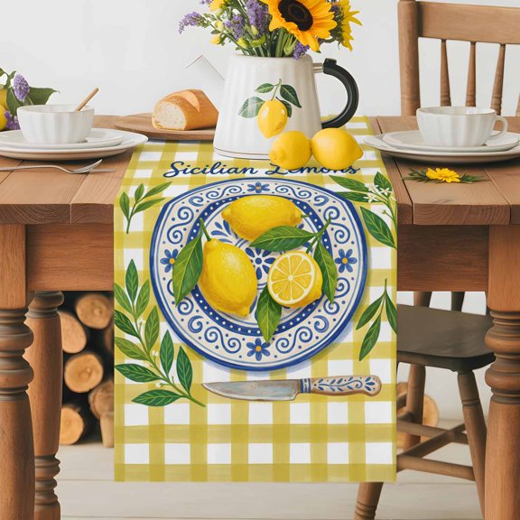 Summer Fruit Table Runner 13x36 Inch Watercolor Yellow Lemon Rustic Flower Plate Yellow Plaid Cotton Linen Dining Table Runner Ideal for Dresser Kitchen Coffee Tables - Machine Washable