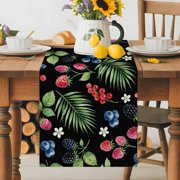 Summer Fruit Table Runner 18x72 Inch Blueberry White Flowers Red Raspberry Green Leaf Black Cotton Linen Dining Table Runner Ideal for Dresser Kitchen Coffee Tables - Machine Washable