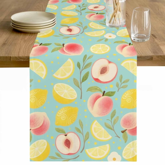 Summer Fruit Table Runner - 36 Inch Long Spring Botanical Lemon Peach Green Cotton and Linen Blended Dress Scarves Farmhouse Table Runner for Kitchen Dining, Coffee Table, 13" x 36"