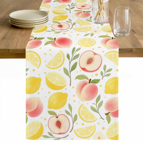 Summer Fruit Table Runner - 48 Inch Long Spring Botanical Lemon Peach Cotton and Linen Blended Dress Scarves Farmhouse Table Runner for Kitchen Dining, Coffee Table, 13" x 48"