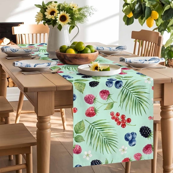Summer Fruit Table Runner, Blueberry White Flowers Green Leaf Red Raspberry Washable Kitchen Table Runners Dress Scarves for Dining Table Decorations Party/Restaurant/Indoor Outdoor Use, 13x36in