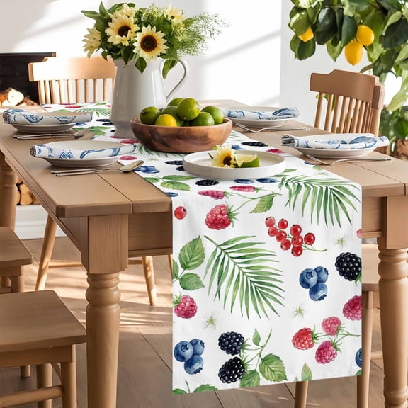 Summer Fruit Table Runner, Blueberry White Flowers Red Raspberry Green Leaf Washable Kitchen Table Runners Dress Scarves for Dining Table Decorations Party/Restaurant/Indoor Outdoor Use, 13x36in