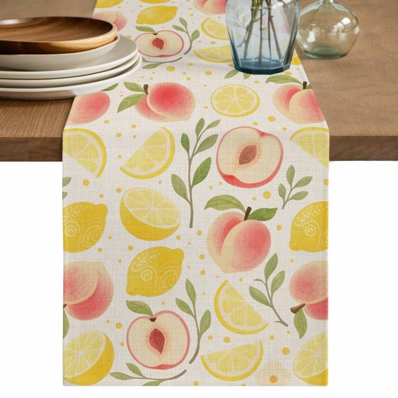 Summer Fruit Table Runner, Spring Botanical Lemon Peach Rustic Washable Cotton Linen Table Runners 48 Inches Long, Dresser Scarf Runner for Nightstand/Coffee/End Tables 13''x48''