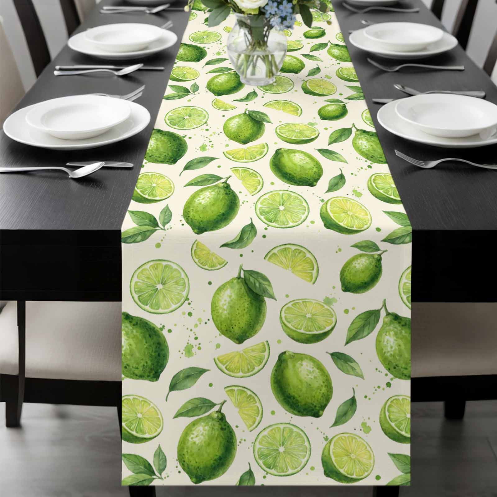 Summer Fruit Table Runner, Watercolor Green Lemon Lime Slice Leaf Rustic Washable Cotton-linen Table Runners Dining Kitchen Decoration for Everyday Home Wedding Party Decor, 13 x 90 Inch