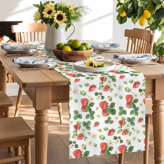 Summer Fruit Table Runner, Watercolor Strawberry Green Leaf Farmhouse Washable Kitchen Table Runners Dress Scarves for Dining Table Decorations Party/Restaurant/Indoor Outdoor Use, 13x36in
