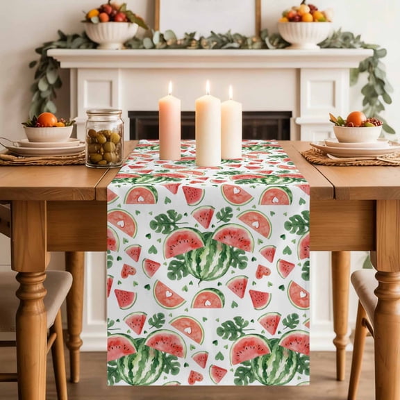 Summer Fruit Table Runner, Watercolor Watermelon Slice Green Leaf Farmhouse Washable Cotton-linen Table Runners Dining Kitchen Decoration for Everyday Home Wedding Party Decor, 13 x 36 Inch