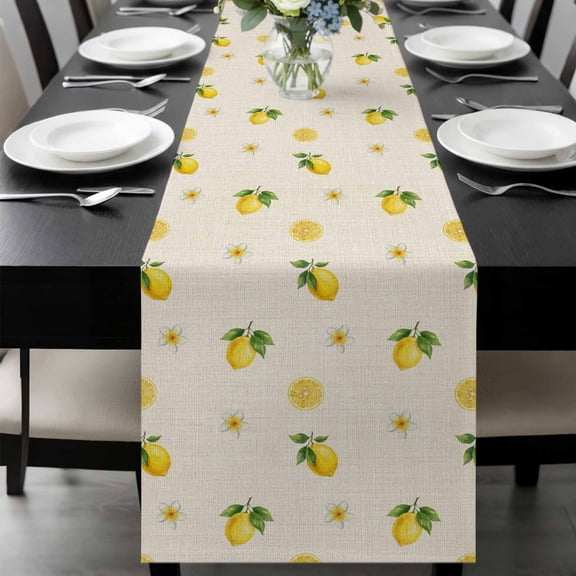 Summer Fruit Table Runner, Watercolor Yellow Lemon Rustic Flower Plate Linen Texture Washable Cotton-linen Table Runners Dining Kitchen Decoration for Everyday Home Wedding Party Decor, 13 x 72 Inch