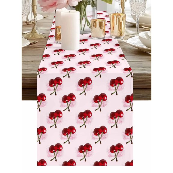 Summer Fruit Table Runners 36 Inches Long Farmhouse Wave Point Cherry Pink Bottom Kitchen Dining Table Runner Dresser Scarves for Party Coffee Holiday Party Decor