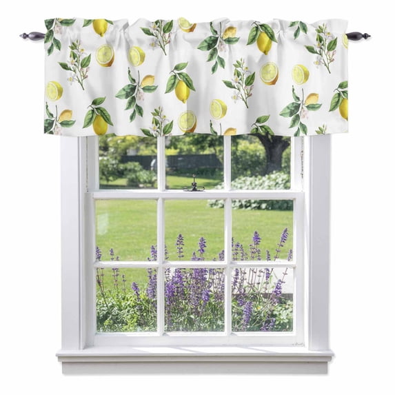 Summer Fruit Valance Curtain Watercolor Yellow Lemon Rustic Farmhouse Leaf Window Valances Rod Pocket Short Curtains Window Treatments for Kitchen Bedroom Bathroom Laundry 42" x 12"