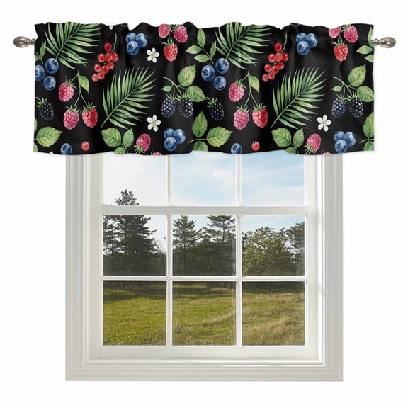 Summer Fruit Valances for Windows, 42x18in, Blueberry White Flowers Red Raspberry Green Leaf Black Rod Pocket Kitchen Valance Curtain Light Filtering Window Treatments for Living Room Bedroom