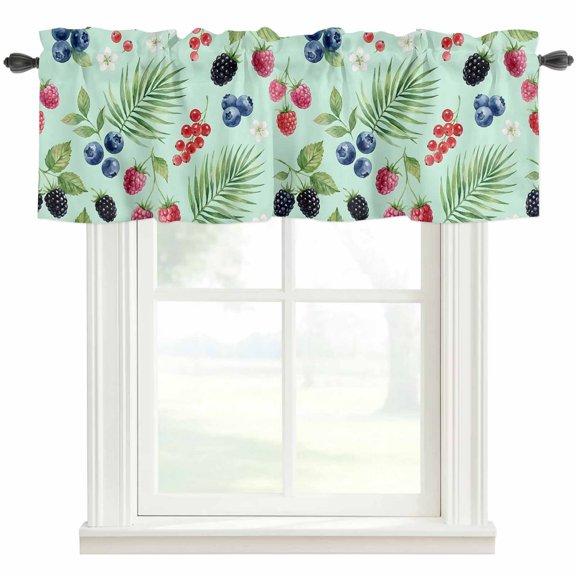 Summer Fruit Valances for Windows Blueberry White Flowers Green Leaf Red Raspberry Rod Pocket Curtain Valance Window Treatment Short Curtains for Kitchen Living Room, 42"x12"