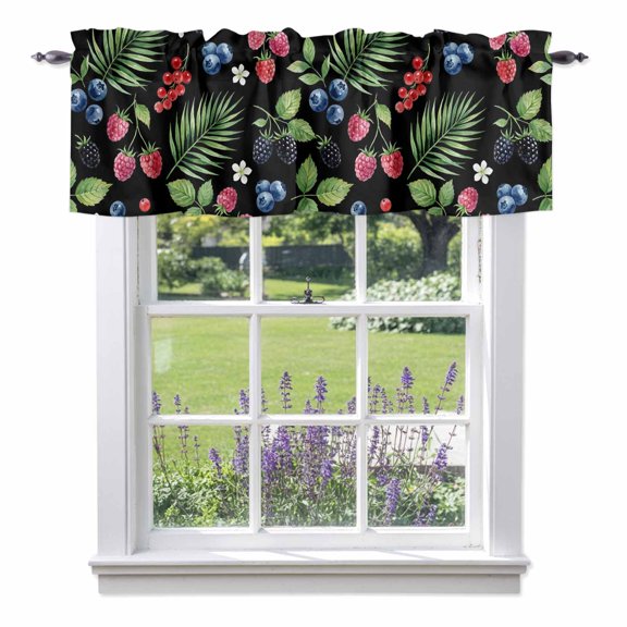 Summer Fruit Valances for Windows Blueberry White Flowers Red Raspberry Green Leaf Black Rod Pocket Cafe Window Treatments Valance Curtains for Kitchen Bathroom Laundry Basement Windows 42"x12"