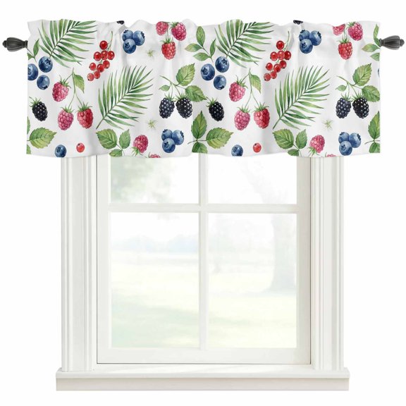 Summer Fruit Valances for Windows Blueberry White Flowers Red Raspberry Green Leaf Rod Pocket Curtain Valance Window Treatment Short Curtains for Kitchen Living Room, 42"x12"