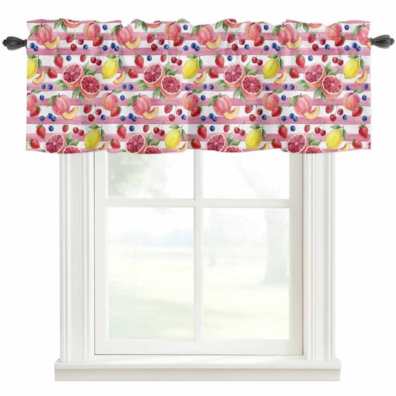 Summer Fruit Valances for Windows Watercolor Peach Lemon Stripes Farmhouse Rod Pocket Curtain Valance Window Treatment Short Curtains for Kitchen Living Room, 60"x14"