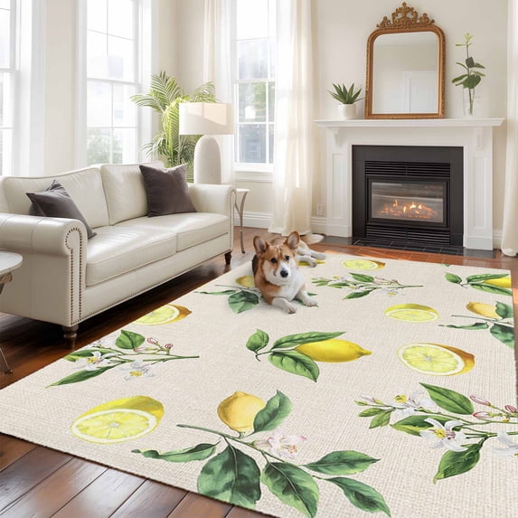 Summer Fruit Washable Area Rug 8x10 Watercolor Yellow Lemon Rustic Farmhouse Leaves Low-Profile Large Area Rugs with Non Slip Backing Indoor Floor Carpet for Entrance Living Room Bedroom Home Office