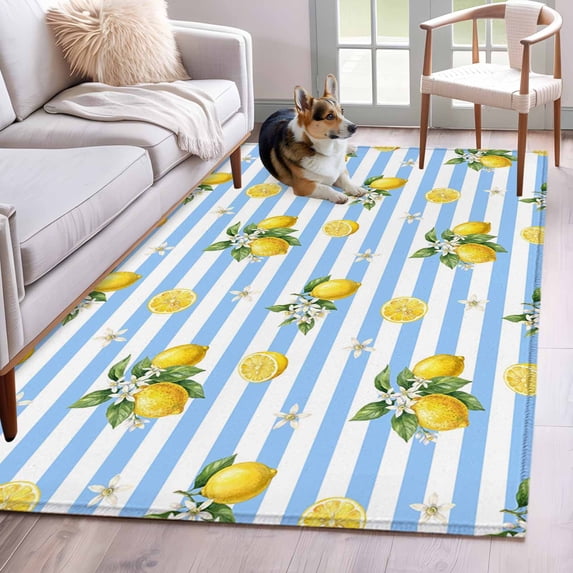 Summer Fruit Washable Area Rugs 3'x5', Watercolor Yellow Lemon Rustic Flower Blue Stripes Low Pile Throw Living Room Rug Non-Slip Sturdy Edge Binding Carpet for Indoor Entryway Bedside Kitchen