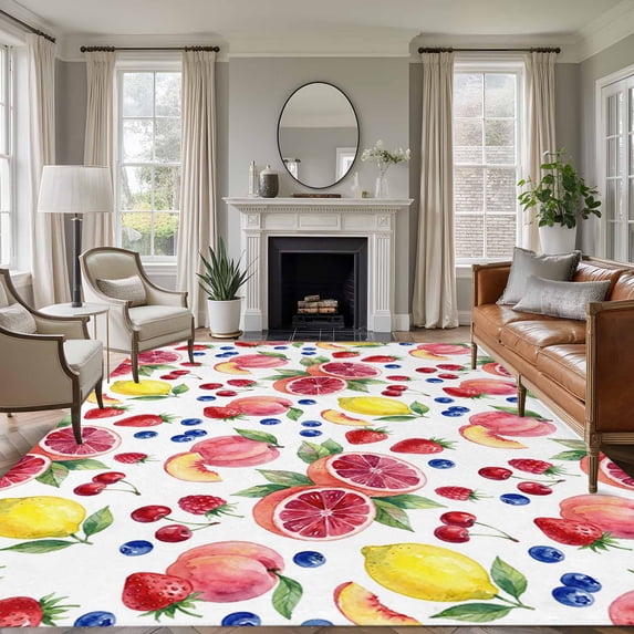 Summer Fruit Washable Living Room Rugs 6'x9', Watercolor Peach Lemon Blueberry Farmhouse Low Pile Throw Large Area Rug Non-Slip Sturdy Edge Binding Carpet for Dining Room Kitchen Office