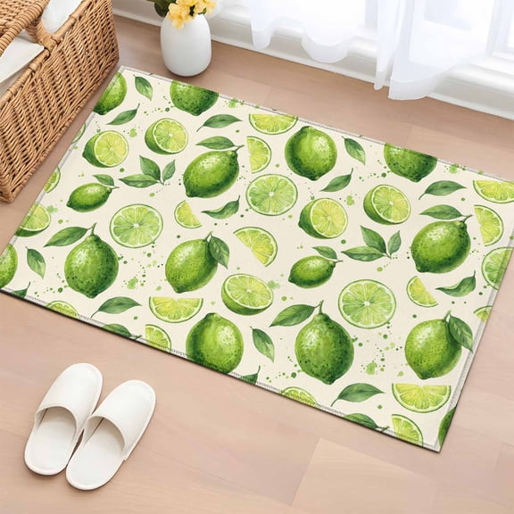 Summer Fruit Washable Small Entryway Area Rugs 2'x3', Watercolor Green Lemon Lime Slice Leaf Rustic Low Pile Throw Rug Non-Slip Sturdy Edge Binding Carpet for Front Door Floor Room Entry