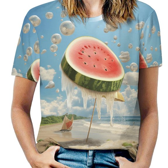 Summer Fruit Watermelon Womens Tops Women's Fashion Casual Short Sleeve Flower Print Round Neck Pullover Top Blouse