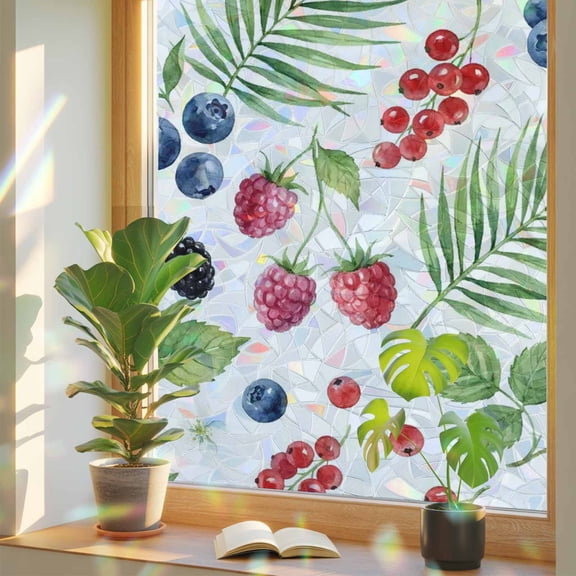 Summer Fruit Window Privacy Film, Blueberry White Flowers Red Raspberry Green Leaf Stained Glass Rainbow Film Decorative Window Clings, Static Cling Sun Blocking Stickers 17.7" x 39.3"