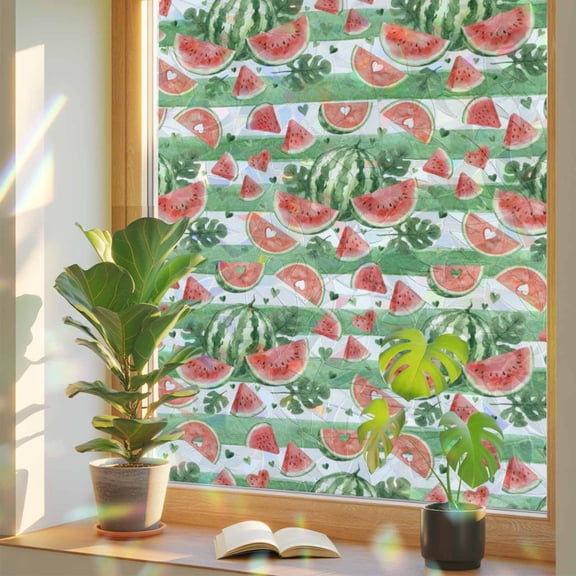 Summer Fruit Window Privacy Film, Watercolor Watermelon Slice Green Stripes Farmhouse Stained Glass Rainbow Film Decorative Window Clings, Static Cling Sun Blocking Stickers 17.7" x 39.3"