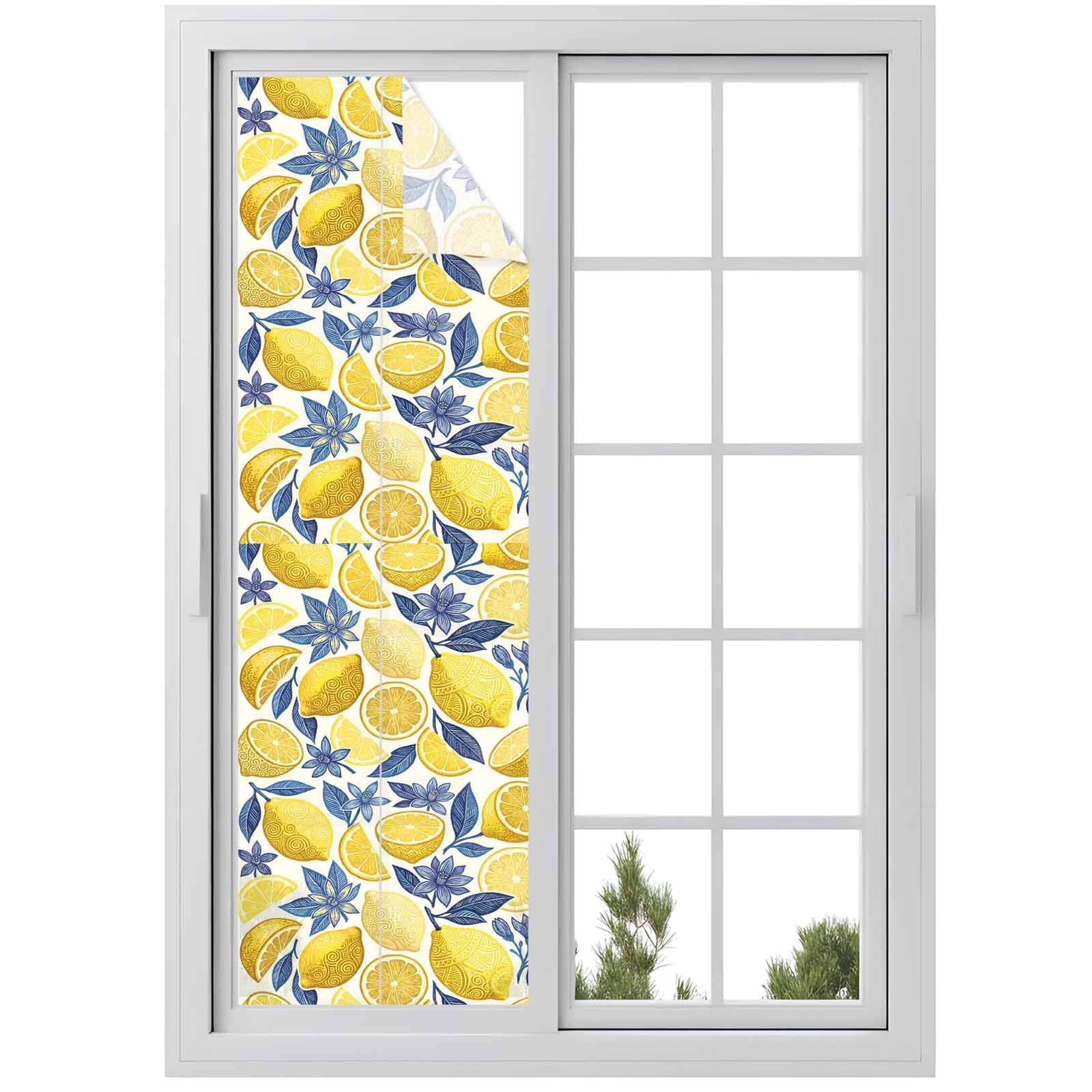Summer Fruit Window Privacy Film, Watercolor Yellow Lemon Blue Flowers Rustic Frosted Glass Window Clings Static Cling UV Heat Blocking Reusable Door Sticker for Bathroom 29.5 x 118 Inch