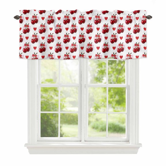 Summer Fruit Window Valance for Kitchen, Watercolor Cherry Red Love Heart Polka Dot Bow Rod Pocket Short Curtain for Small Windows, Light Filtering Decorative Valance, 42 x 12 Inch, 1 Panel