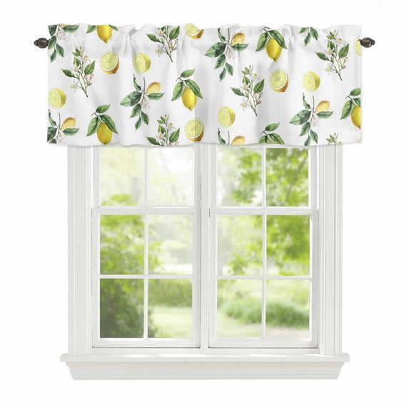 Summer Fruit Window Valance for Kitchen, Watercolor Yellow Lemon Rustic Farmhouse Leaf Rod Pocket Short Curtain for Small Windows, Light Filtering Decorative Valance, 56 x 16 Inch, 1 Panel