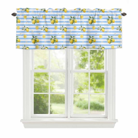 Summer Fruit Window Valance for Kitchen, Watercolor Yellow Lemon Rustic Flower Blue Stripes Rod Pocket Short Curtain for Small Windows, Light Filtering Decorative Valance, 60 x 14 Inch, 1 Panel