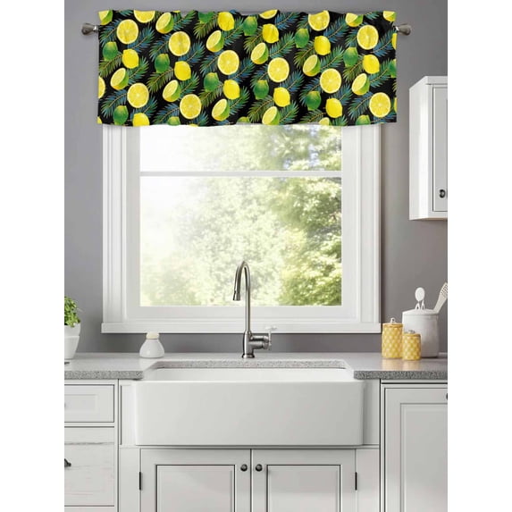 Summer Fruit Yellow Lemons Valances for Windows,Rod Pocket Valance for Kitchen Bedroom Bathroom Living Room, Watercolor Green Leaves Window Valance Curtain Farmhouse Short Curtains 42x12in