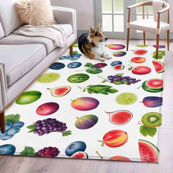 Summer Fruits Area Rugs 4x6 ft Watercolor Lemon Slice Blueberry Rustic Watermelon Washable Rug Non Slip Indoor Carpet Absorbent Floor Mat for Living Room Bedroom Dining Room
