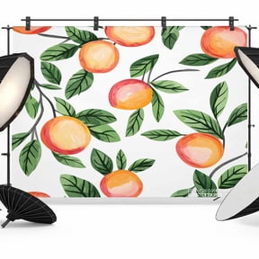 Summer Fruits Backdrop for Photography,Fabric Photo Background Backdrop,Spring Orange Peach Green Botanical Photo Booth Background for Portrait Photoshoot Video Wedding Studio Decoration Banner 7x5ft