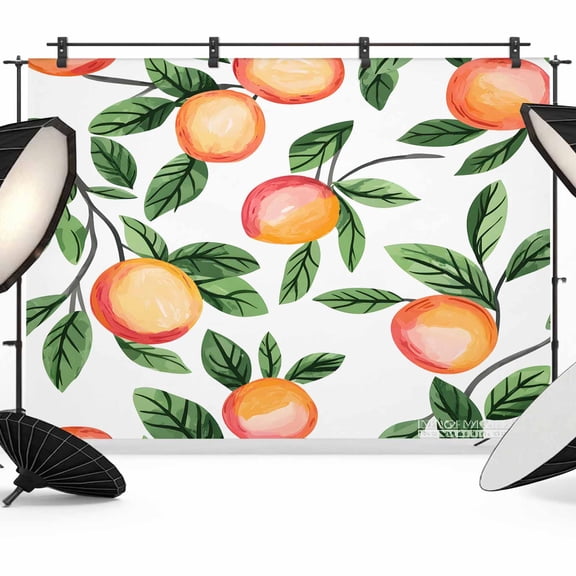 Summer Fruits Backdrop for Photoshoot,Photography Photo Studio Background Wall Backdrop,Spring Orange Peach Green Botanical Back Drop Banner Panel for Portraits Wedding Party Live Streaming 8x6Ft