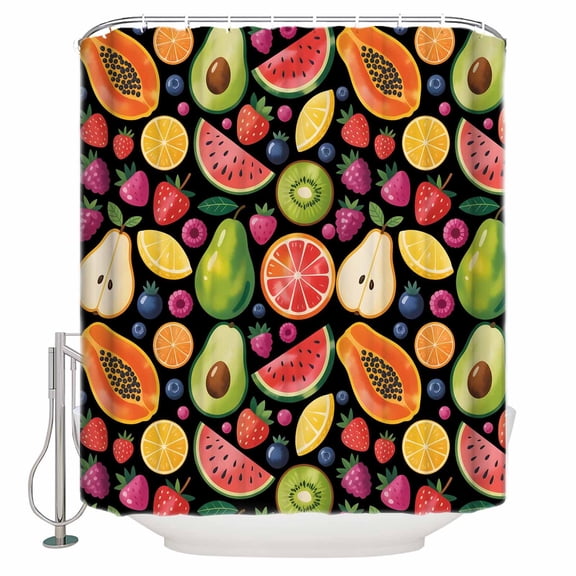Summer Fruits Bathroom Shower Curtains with 12 Hooks Polyester Waterproof Shower Curtain for Stalls and Bathtubs Tropical Watermelon Kiwi Black Exotic Decorative Bathroom Privacy Curtain 36x72 Inches