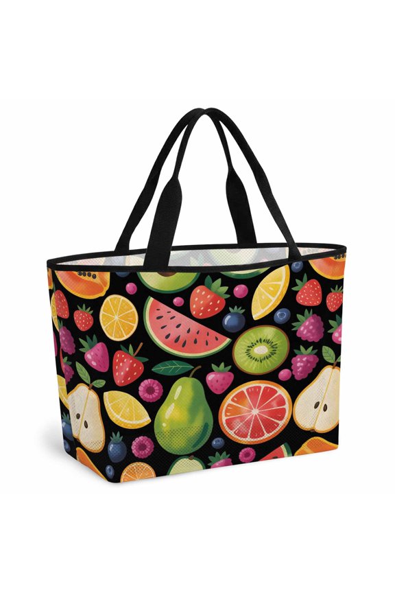 Summer Fruits Beach Bag for Women, Large Breathable Mesh Beach Tote Bag, Tropical Watermelon Kiwi Black Exotic Sandproof Lightweight Travel Bags for Vacation Picnic Swimming Pool 15.7"x15.7"x9.1"
