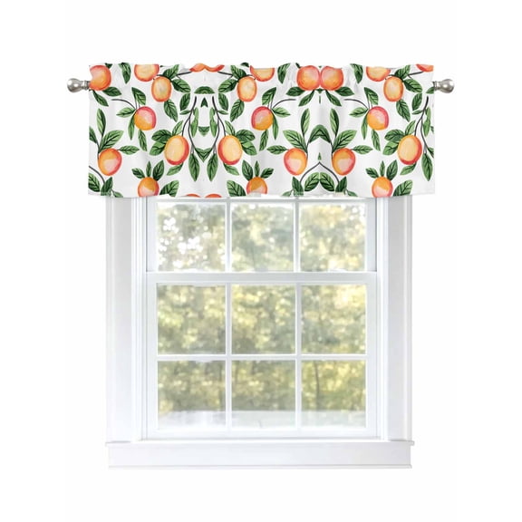 Summer Fruits Curtain Valances for Windows, Spring Orange Peach Green Botanical Kitchen Valance Window Treatment, Light Filtering Block Curtains for Bathroom/Bedroom/Living Room 42'' x 12''
