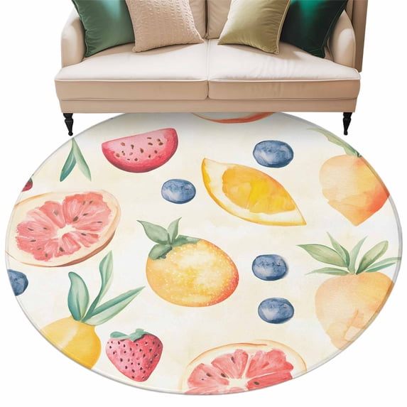 Summer Fruits Large Area Rugs for Bedroom Living Room, Soft Non Slip Carpet Bedside Rug, Yellow Red Blue Watercolor Round Floor Cover Kitchen Accent Rug 6' for Dining Room/Office