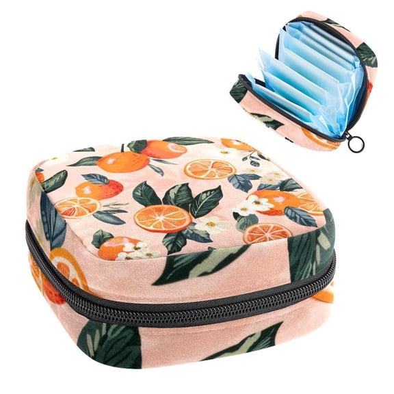 Summer Fruits Orange with Flowers Sanitary Napkin Storage Bag, Zipper Menstrual Cup Pouch Feminine Menstruation First Period Pads Holder for Girls Women Ladies